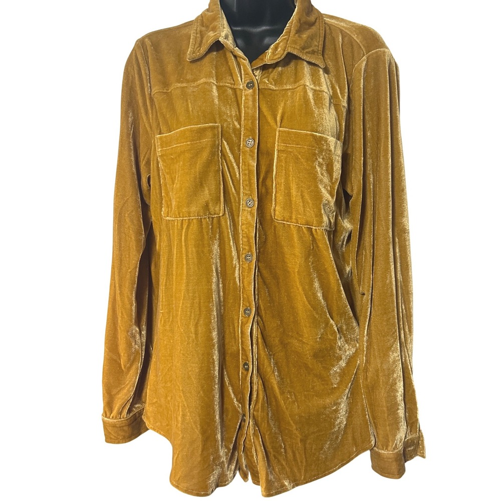 Umgee Mustard Gold Velvet Button Down Shirt Long Sleeve Pocket Blouse Large